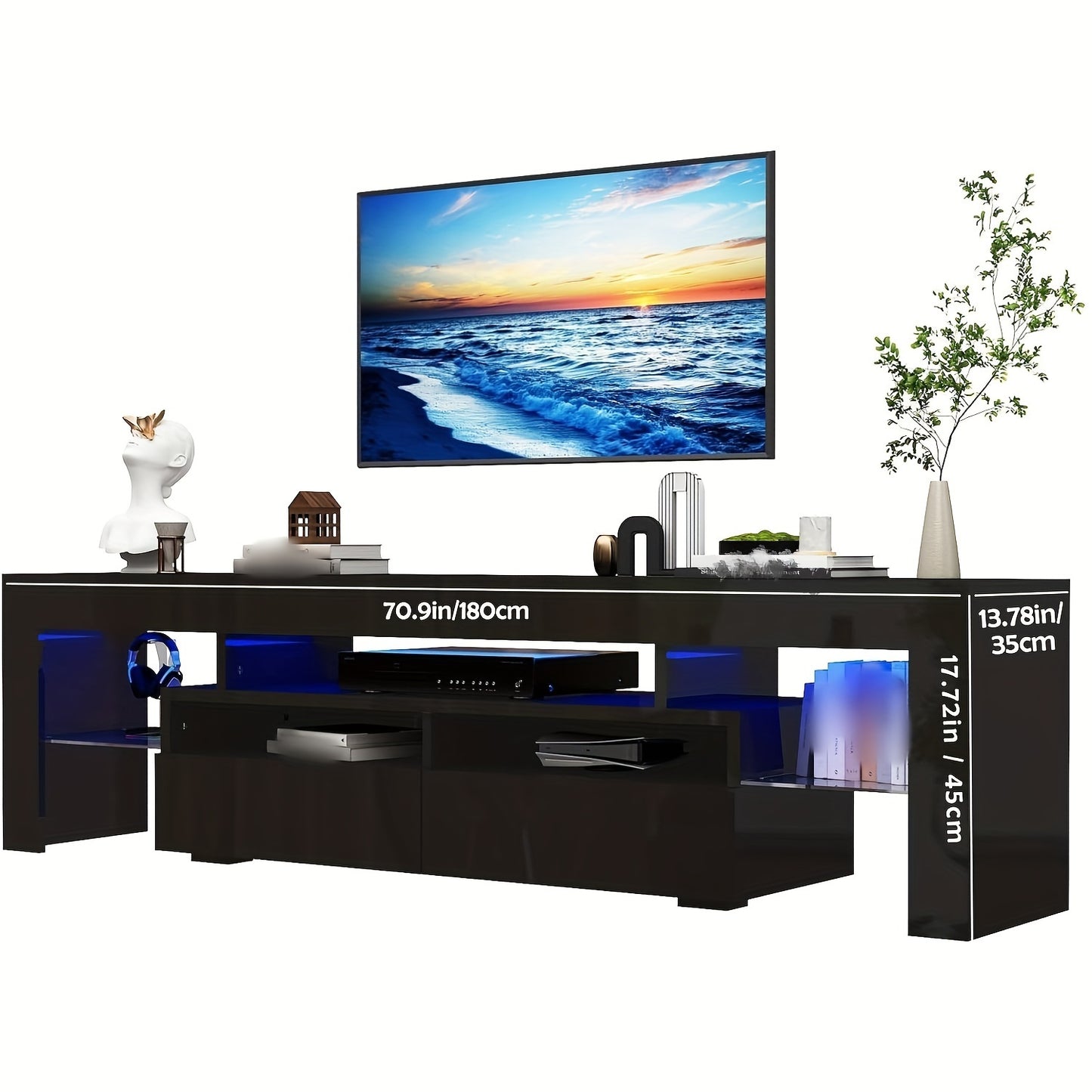 Modern LED TV Stand for Living Room, Black TV Stand, High Gloss TV Entertainment Center with Storage Drawer, APP RGB Light, TV Console