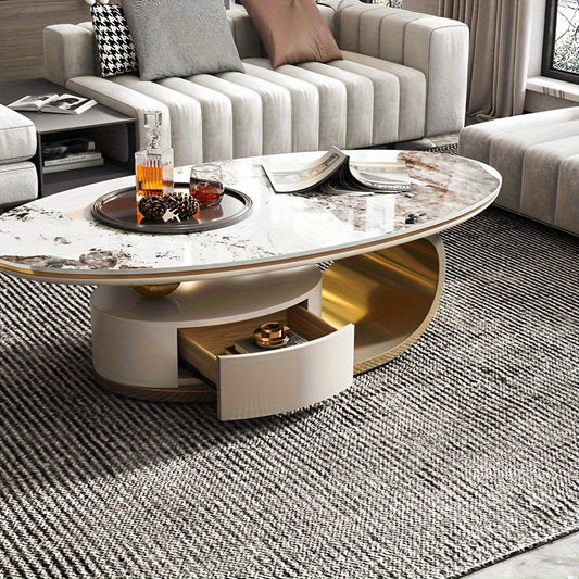 Luxury Modern Oval Coffee Table, High And Low Design, Metal And Faux Marble With Drawer