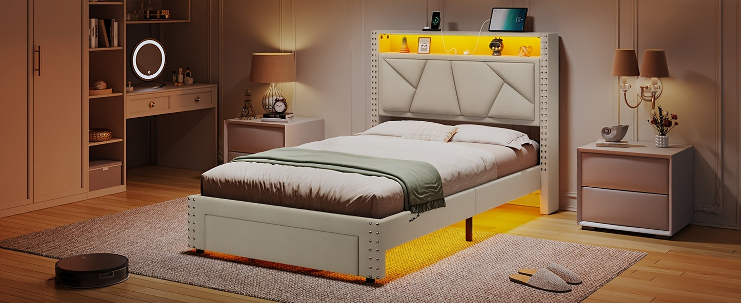 MSmask Twin Size Elegant Bed Frame with Shelf Headboard & 2 Storage Drawers, Upholstered Platform in Cream White/Dark Grey - Modern Metal Design with Charging Station & LED Lights, Sturdy & Secure for a Peaceful Sleep, MSMASK