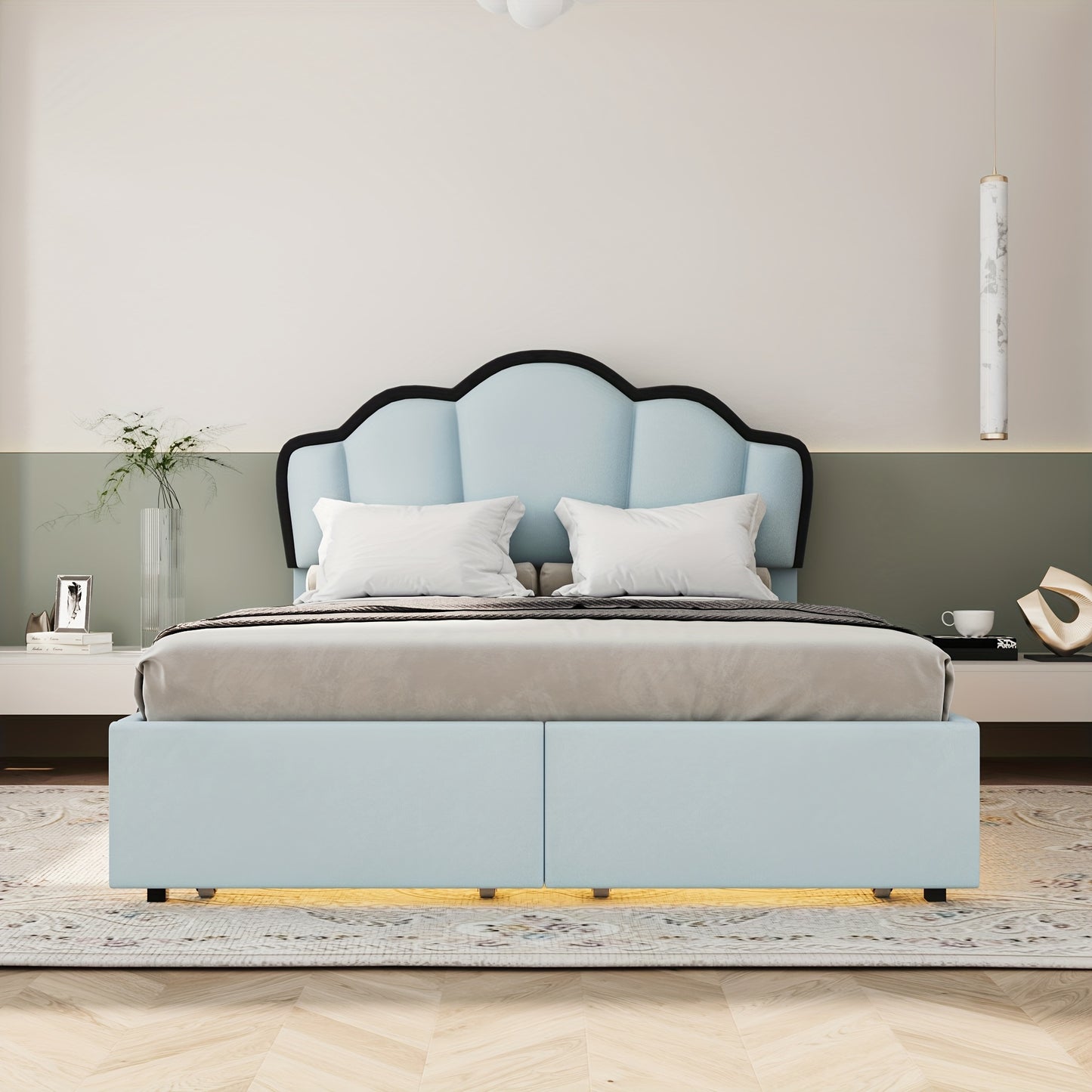 Ball & Cast Full Size Upholstered Princess Platform Bed With LED Lights And 2 Stretch Storage Drawers For Easy Assembly, 77.4 "L X 56.9" W X 37.8 "H