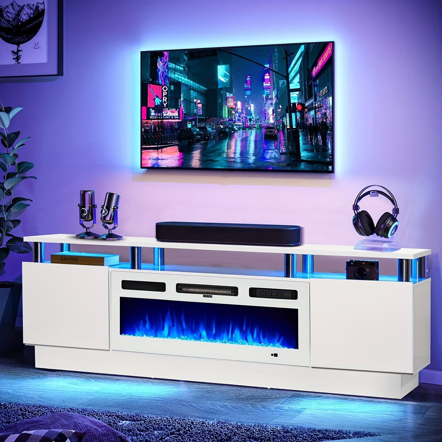 Fireplace TV Stand With 36" Electric Fireplace, 70" 2 Tier TV Console Stand For TVs Up To 80", LED Light Entertainment Center, Fireplace For The Living Room TV Stand, White