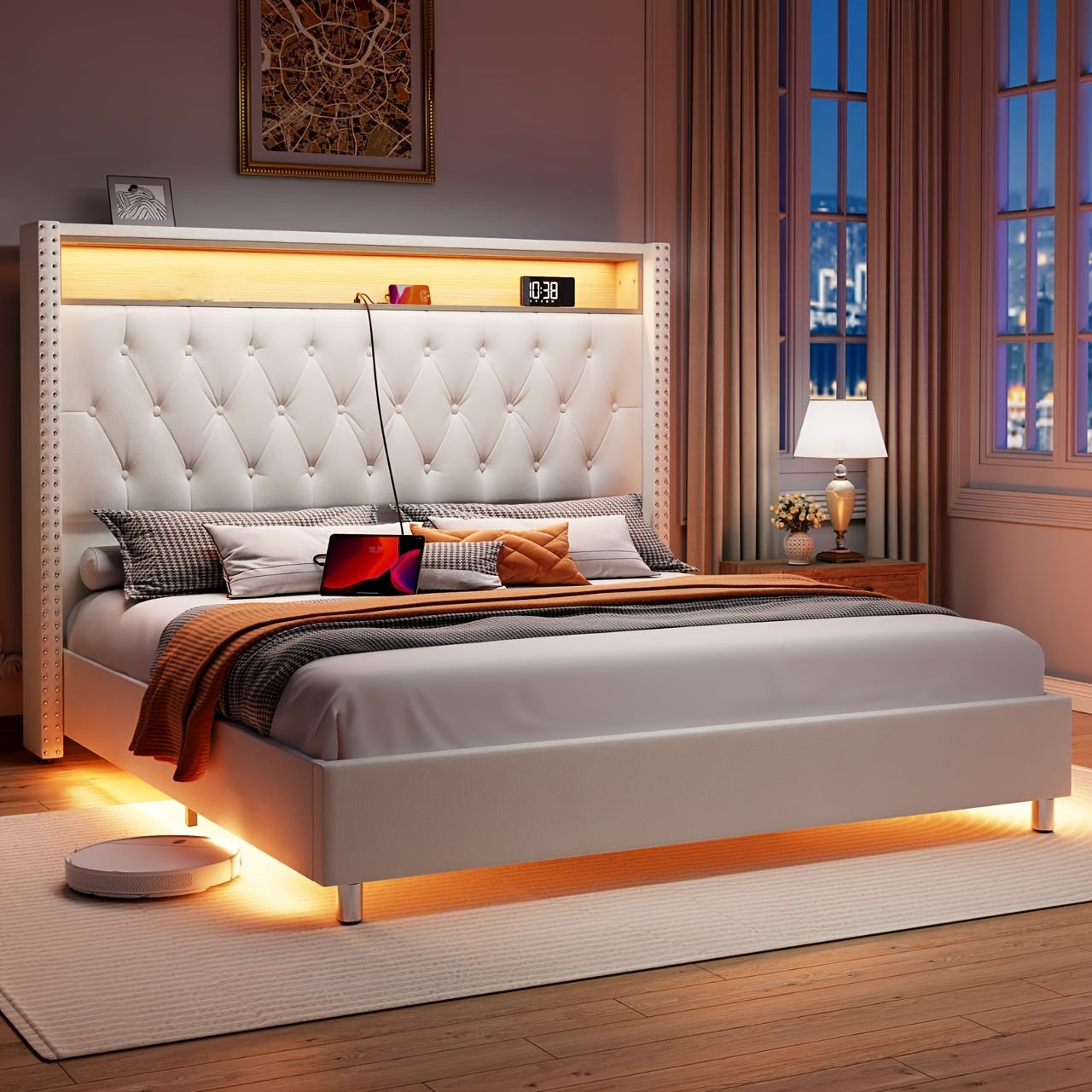 LUXOAK Queen Bed Frame Boasting LED Charging Station And Motion-Responsive Night Lights, Velvet-Covered Tall Platform Base With Wingback-Style Headboard - Box Spring-Free Assembly