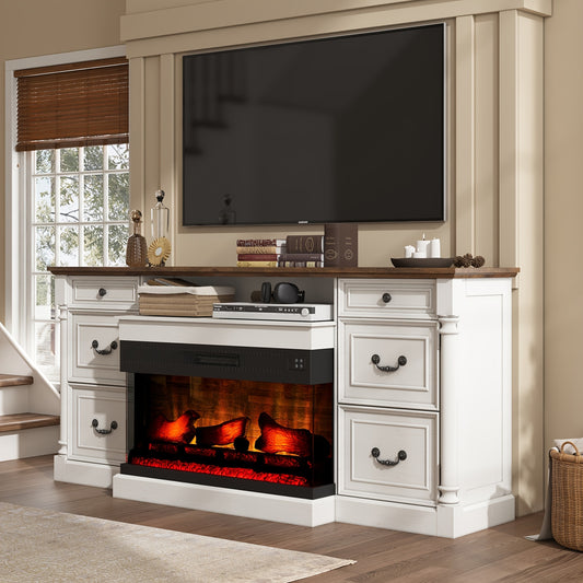 Charming 75" Farmhouse TV Stand with 36" Glass Fireplace - Spacious Entertainment Center with 2 Drawers & Closed Storage, Fits Up to 85" TVs