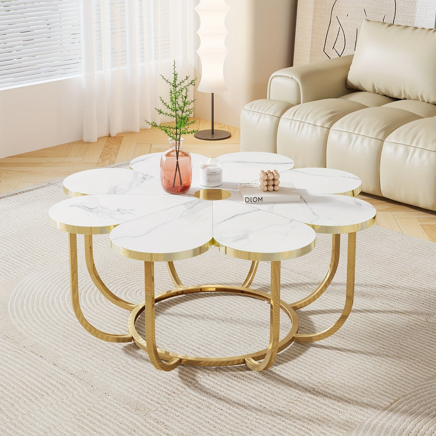 Petal shaped living room central coffee table, modern white Golden decorative table, 39.37 inch floral center table, suitable for living room, bedroom, and lounge, uniquely designed furniture, living room furniture.