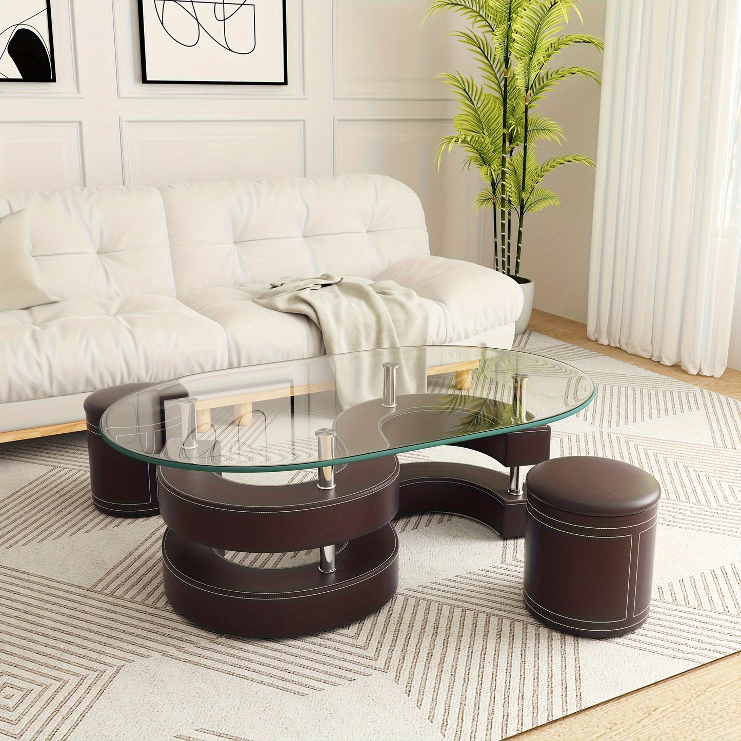 Modern Glass Coffee Table Set Of Three, Including 0.39-inch Thick Oval Coffee Table And 2 Leather Stools, S-shaped Design Living Room Center Table, Maximum Load-bearing Capacity 220 Pounds, Suitable For Living Room, Bedroom,