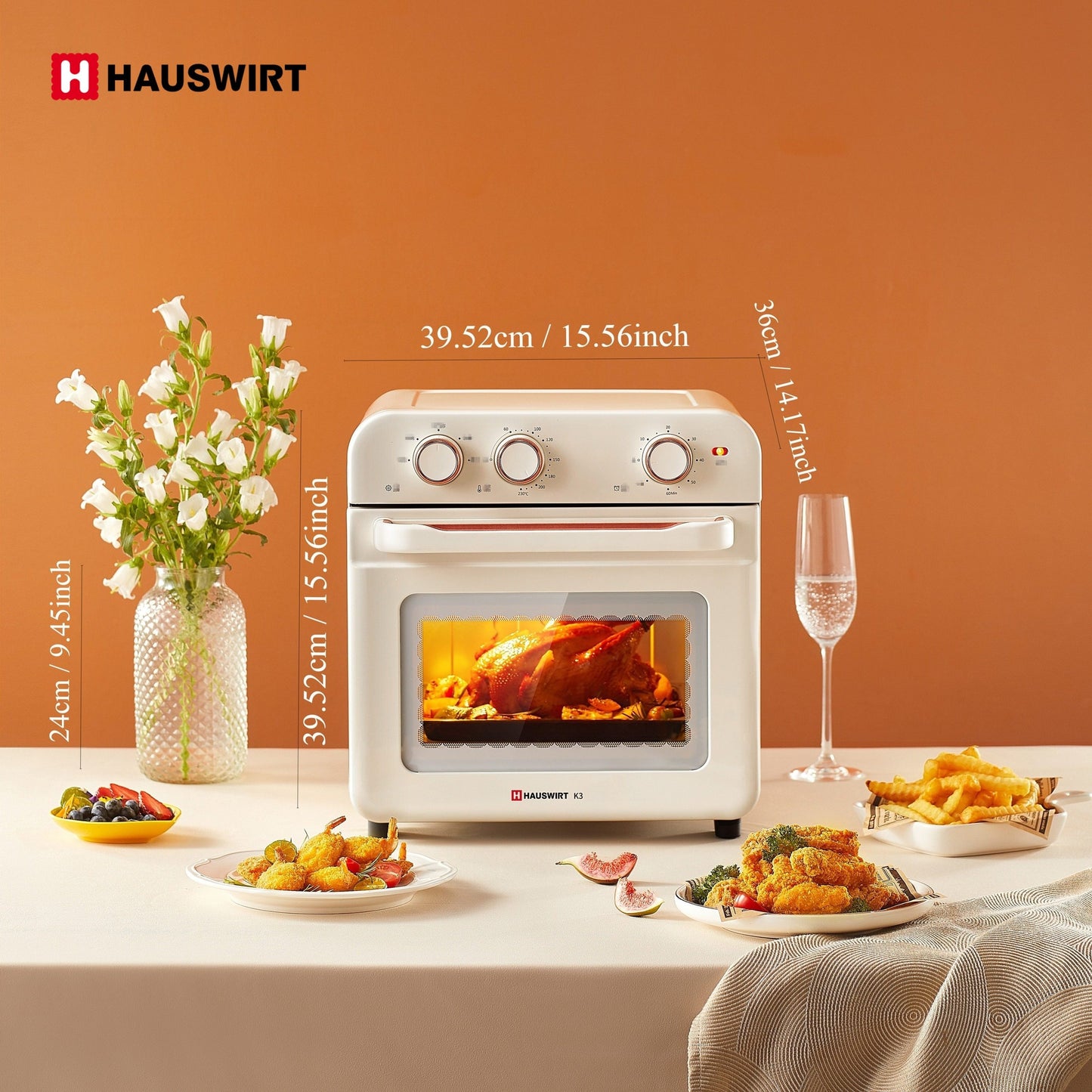 Hauswirt Air Fryer Conventional Oven K3, 6-in-1 Combo, 19L Extra Capacity Air Fryer, Baking And Frying Integrated, 1250 Watts, 150°F - 450°F, Non-Stick, Stainless Steel, Online Recipe Booklet