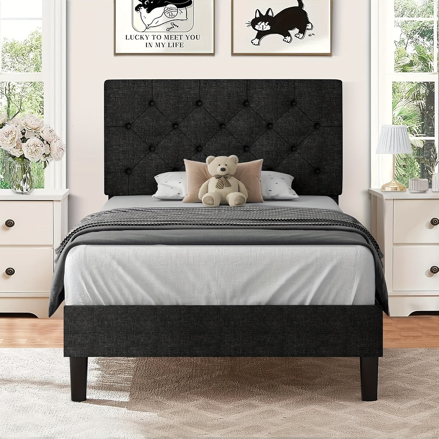 Elegant Grey Linen Upholstered Bed Frame with Tufted Headboard - Solid Wood Platform Bed with Sturdy Slats Support, Easy Assembly, No Box Spring Needed, Perfect for Modern Decor, Bed Accessories, HOMBCK