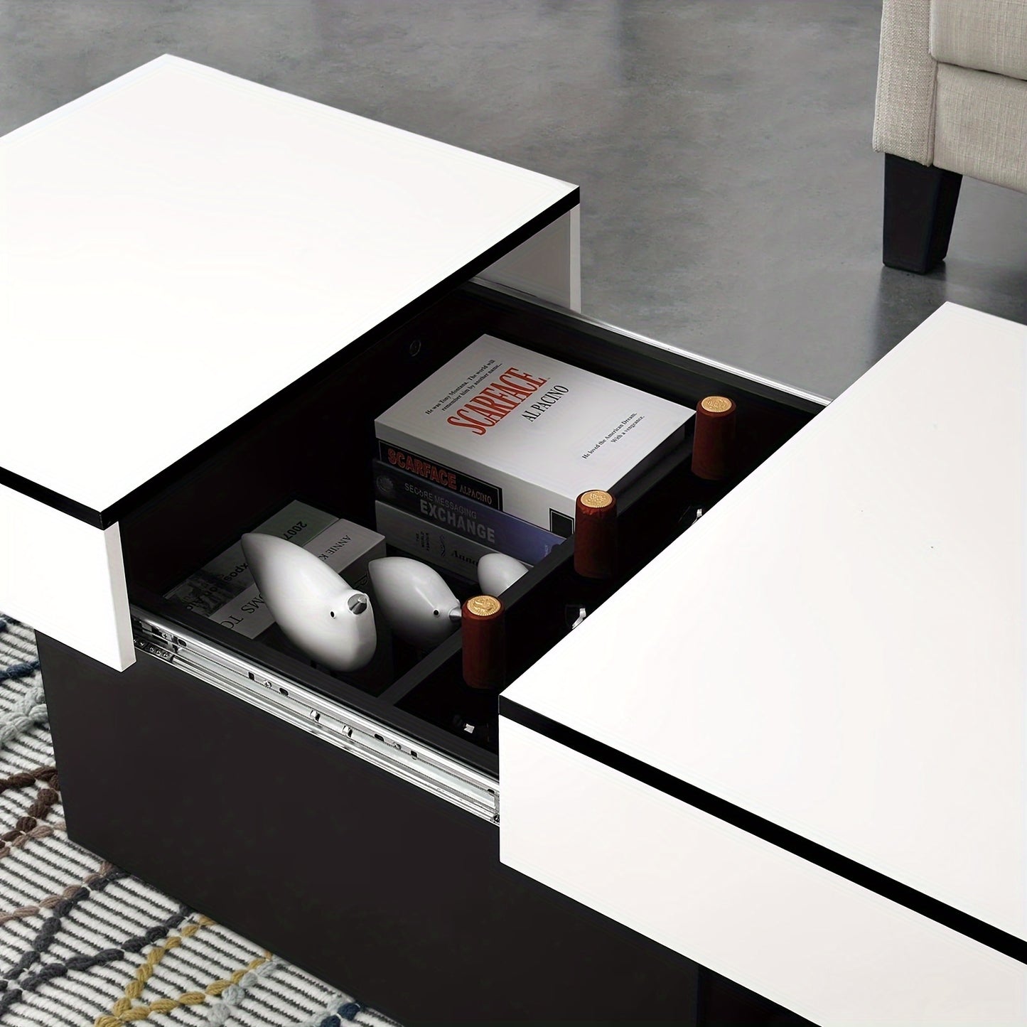 Extendable Coffee Table With 2 Storage Spaces, High Gloss Finish Table Top