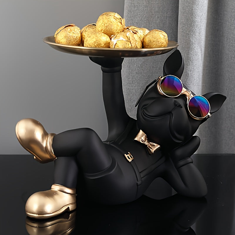 Nordic Fashion Art French Bulldog Animal Figurines Resin Cool Dog Sculpture Tray Candy Snack Key Coin Fruit Jewelry Storage Statue Living Room Porch Bedroom Home Office Desk Table Festival Decor Accessories Gift