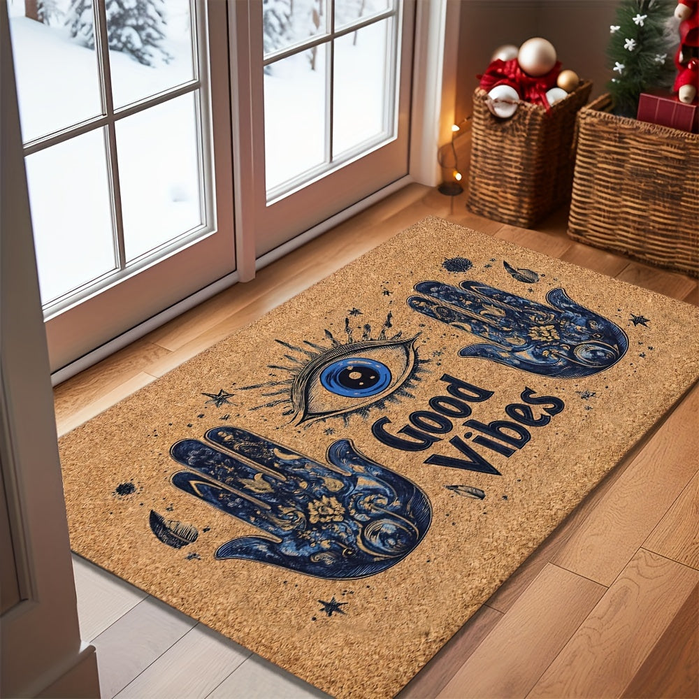 1pc Evil Eye Welcome Mat, Non-Slip Polyester Rug, Machine Washable, Braided Doormat with Rubber Backing, Lightweight Rectangle Floor Mat for Home, Outdoor, Entrance, Bedroom, Balcony - Christmas Gift Home Accessory