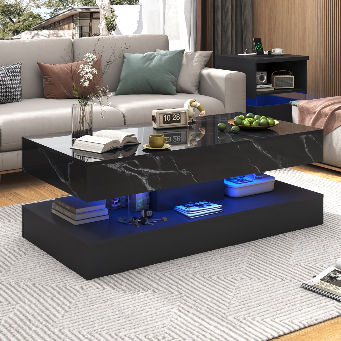 47 Inch Large High-Glossy LED Living Room Storage Tableswith 2 Sliding Drawers, Coffee Table, Living Room Storage Tables, Modern Stylish Double-Layer Center Tables