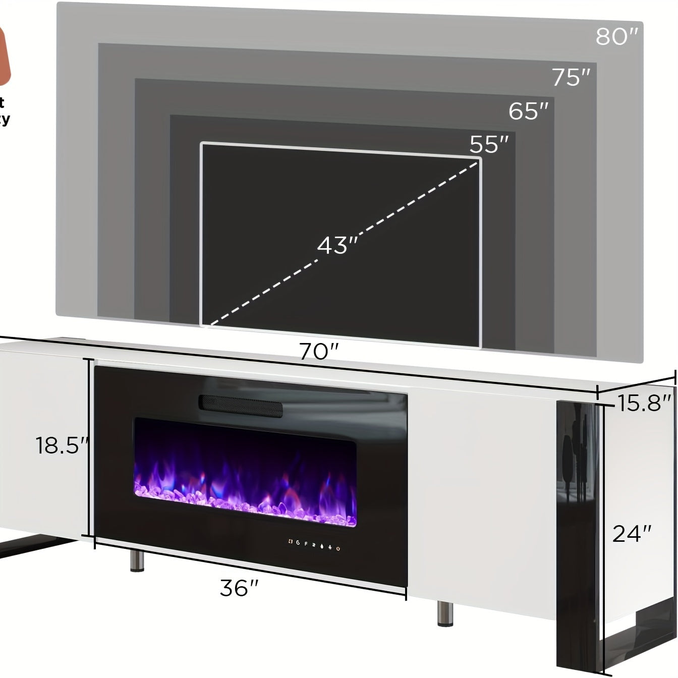 70" White Modern Fireplace TV Stand - Sleek Entertainment Center with Built-in Electric Fireplace, LED Lights, and Space for Modern TVs