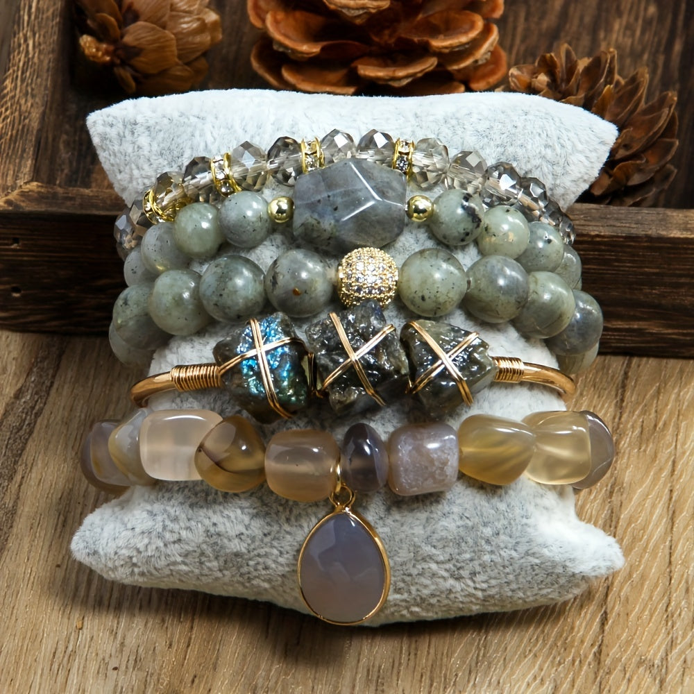 [Popular Choice] Bohemian Layered Women's Jewelry Set - 5pcs Natural Stone and Glass Beaded Elastic Bracelets with Irregular Tiger Eye and December Birthstone, Perfect for Daily Wear or Gifting, Perfect for Thanksgiving