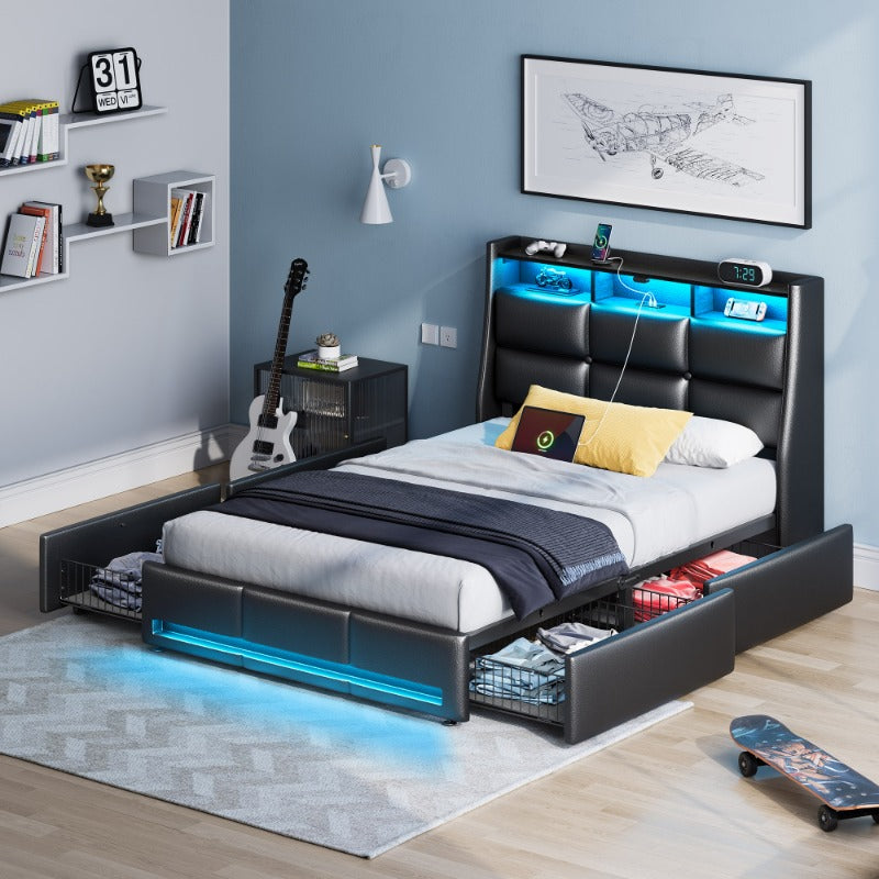 Bed Frame, Storage Headboard with Charging Station & LED Lights Bed Storage Headboard & Drawers, Heavy Duty Wood Slats, Easy Assembly