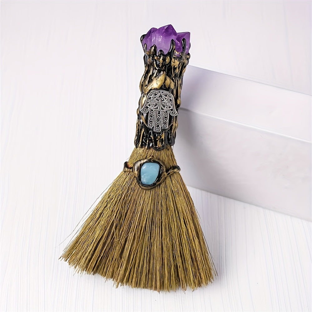 Bohemian Style Handcrafted Amethyst Crystal Mini Broom - Perfect for Halloween Decor, Witchy Home Accent & Reiki