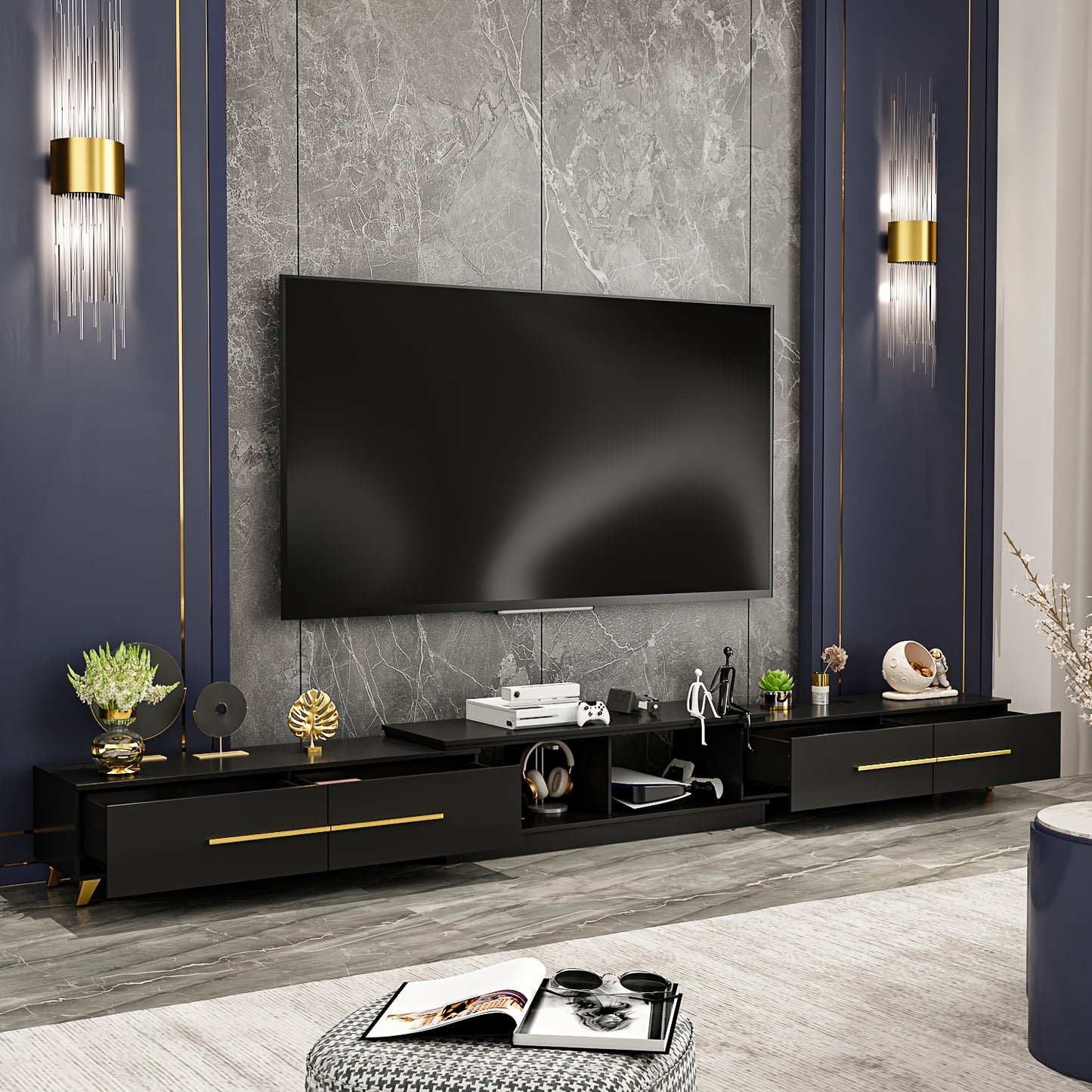 [Adjustable Design, Veneer Finish] Modern Adjustable TV Console & Media Cabinet - Spacious Storage with Drawers, Tripods, and Veneer Finish - Living Room Entertainment System