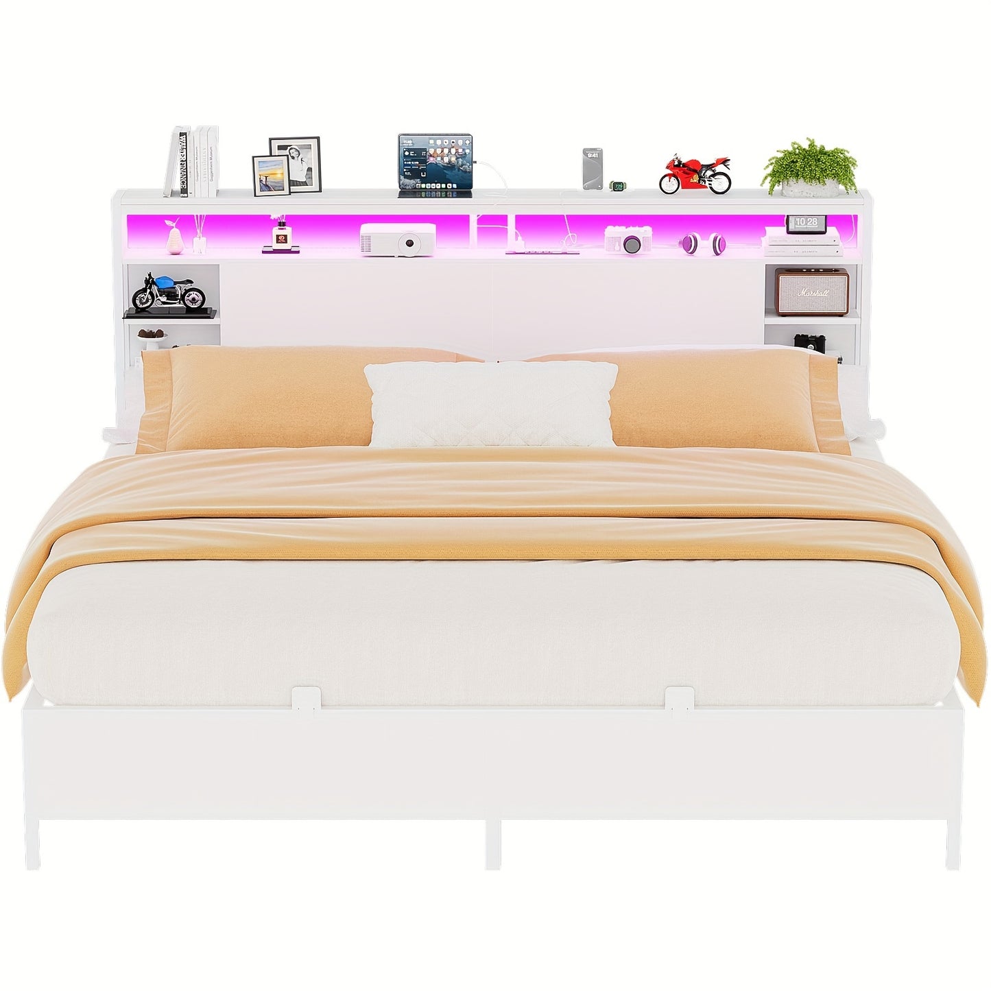 Unikito King Size Bed Frame With Storage Headboard, Power Socket And Smart LED Lights, Sturdy And Stable Platform Bed, Heavy Duty Metal Slats, Noise Free, No Box Spring Needed, Easy To Assemble, White