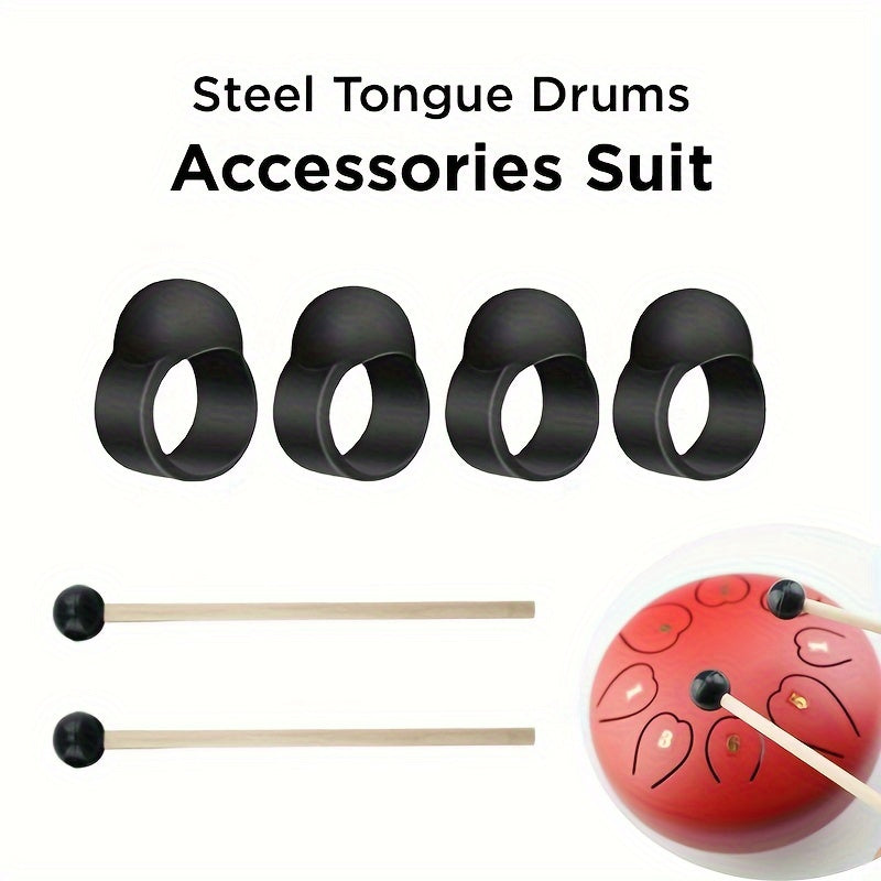 6-Inch Ethereal Drum Accessory Set with 1 Pair Birchwood Drumsticks and 4 Finger Covers, Lotus Steel Tongue Drum Mallets, Soft Rubber Head Drumsticks for Percussion Instruments