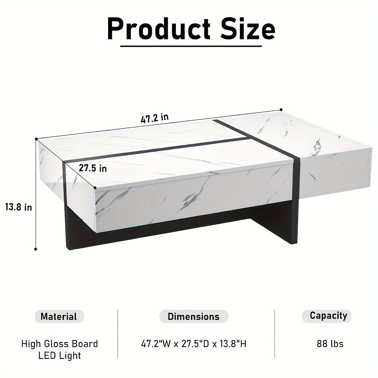 47" Rectangular Coffee Table With LED Light And Storage Drawers, Modern High Gloss Coffee Tables For Living Room