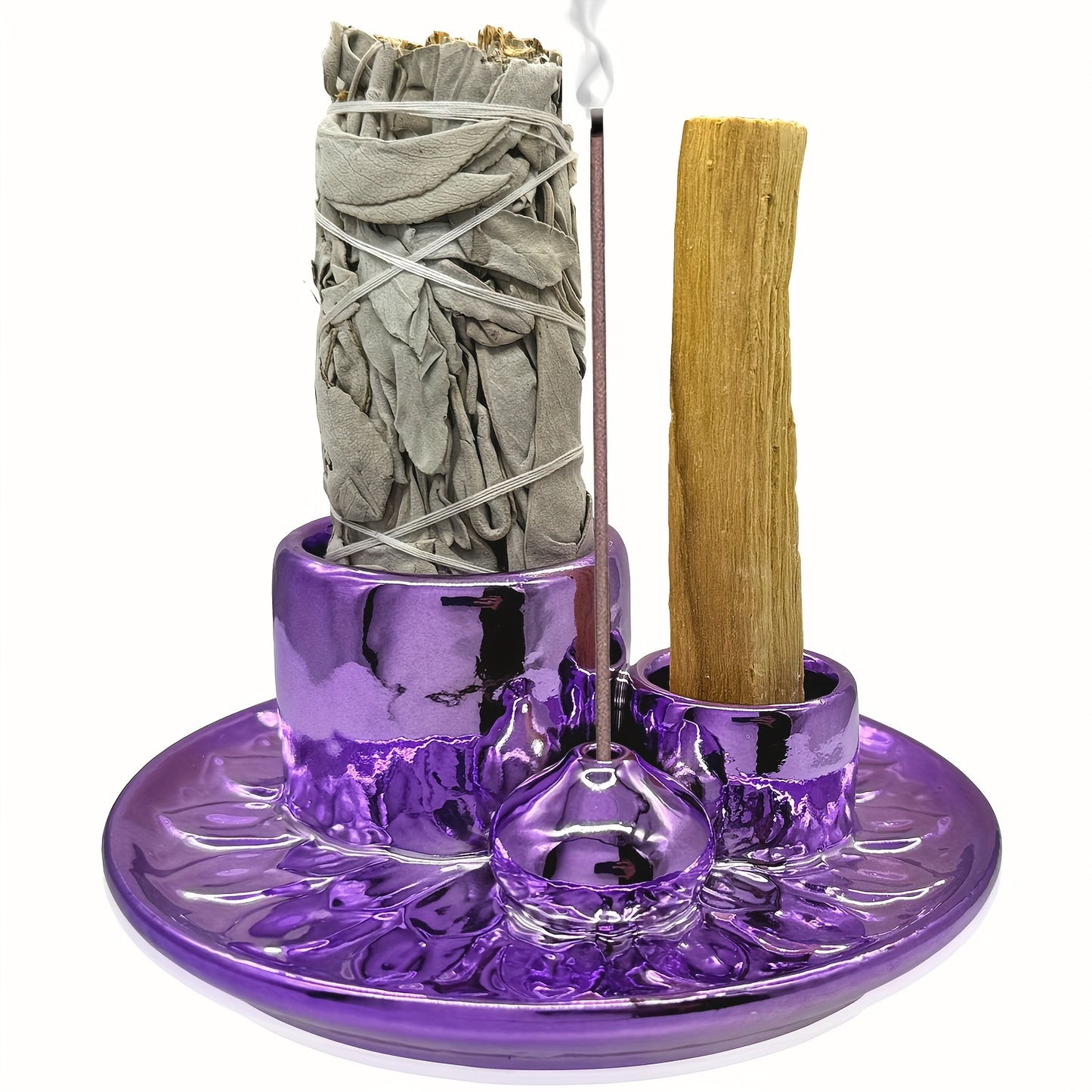 4-in-1 Ceramic Incense Burner Set - Electroplated, Ash Catcher Tray for Sage, Palo Santo & Candles - Perfect for Meditation, Yoga, Home Decor | Ideal for Halloween, Christmas, Valentine's, Thanksgiving