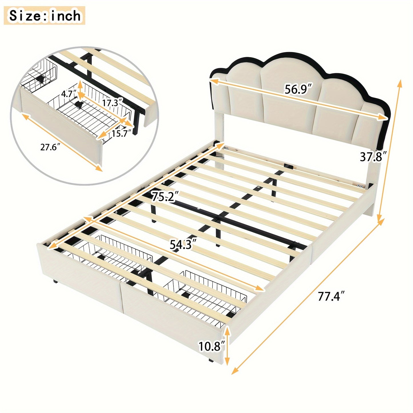 Ball & Cast Full Size Upholstered Princess Platform Bed With LED Lights And 2 Stretch Storage Drawers For Easy Assembly, 77.4 "L X 56.9" W X 37.8 "H