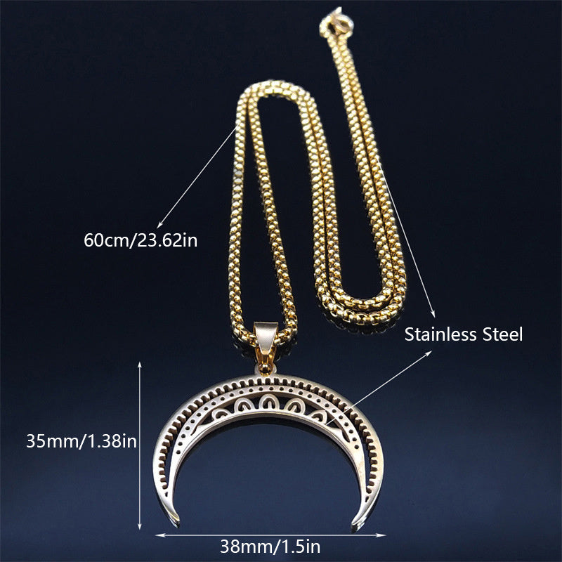 Elegant Golden-Toned Stainless Steel Crescent Moon Pendant Necklace with Intricate Patterns - Gothic/Vintage Style, Perfect for Casual Attire