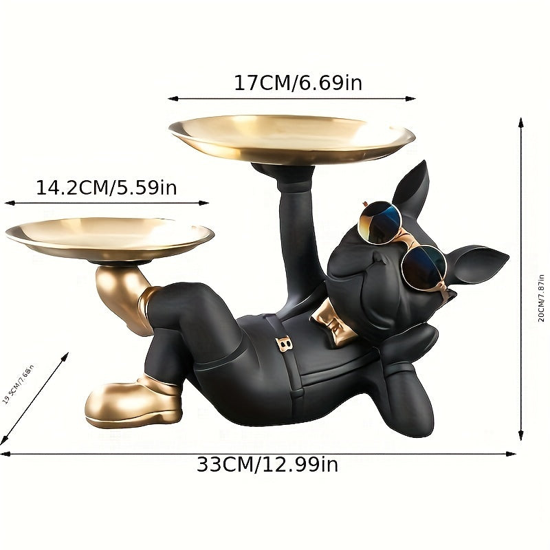 Nordic Fashion Art French Bulldog Animal Figurines Resin Cool Dog Sculpture Tray Candy Snack Key Coin Fruit Jewelry Storage Statue Living Room Porch Bedroom Home Office Desk Table Festival Decor Accessories Gift