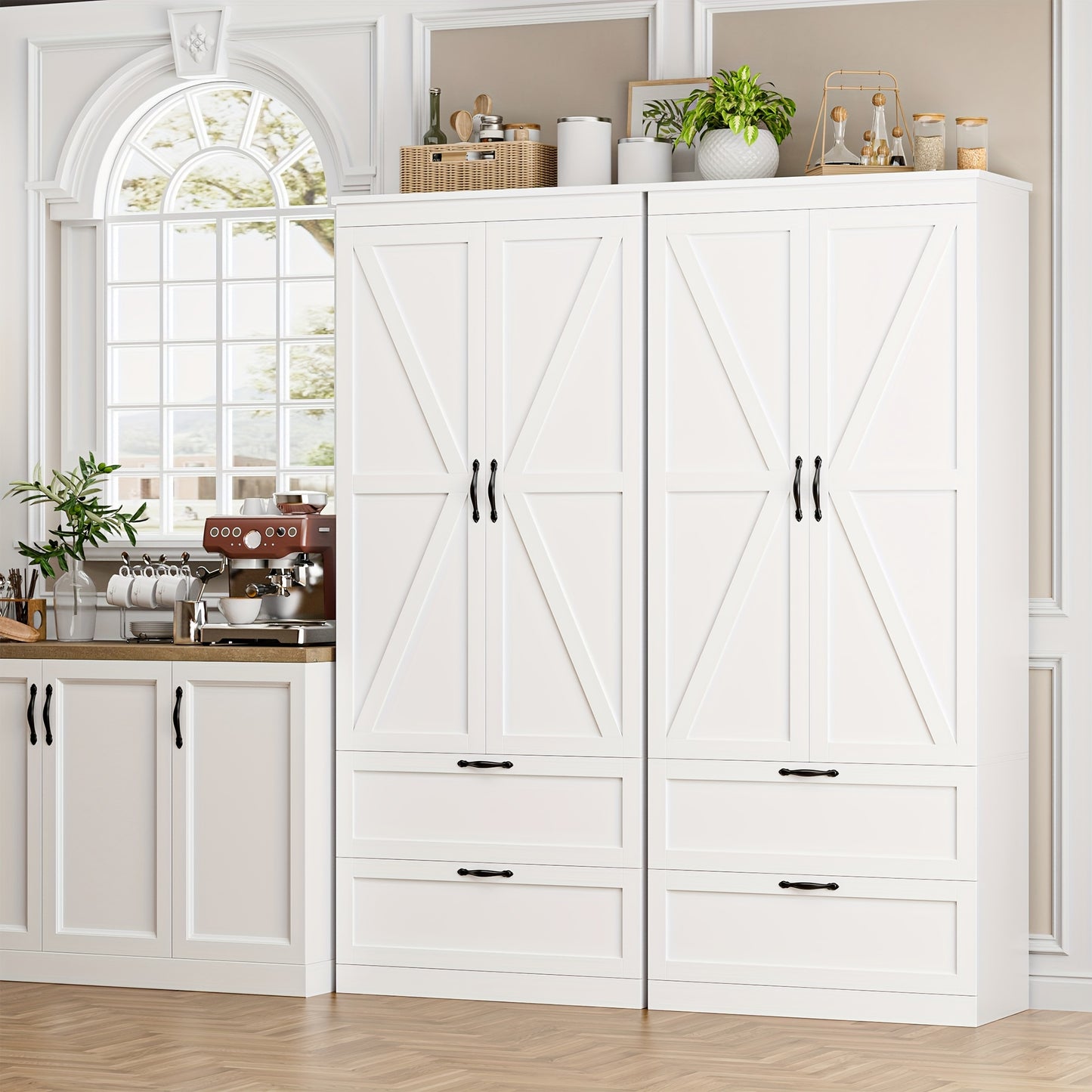 FULTRU Farmhouse Kitchen Pantry Storage Cabinet, 70" Tall Storage Cabinet With Drawers And Adjustable Shelf