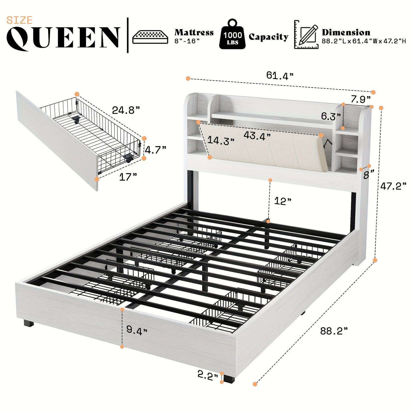 Upholstered Bed Frame With 4 Storage Drawers, Industrial Bed Frame With 47.2" Bookcase Headboard, Wooden Platform Bed With Charging Station And Drawers