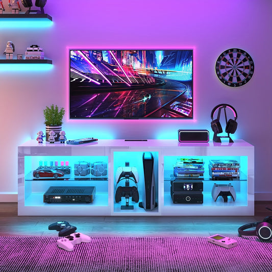 LED TV Stands W/60, 000-Colors Lights&6.5ft Power Outlet For 55 60 65 70inch TV, Modern High Gloss LED Black Entertainment Center W/Adjustable Shelves For Living Room Gameroom/Bedroom