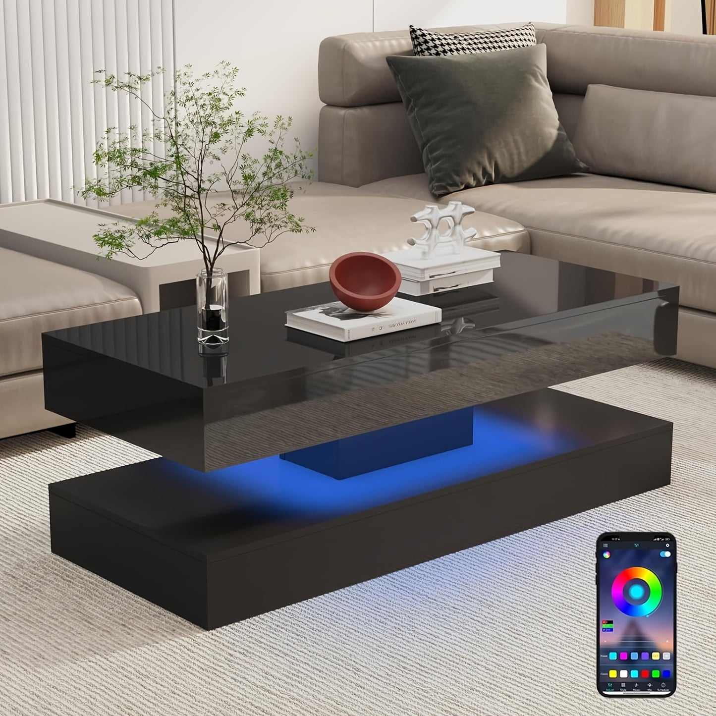 47 Inch Large High-Glossy LED Living Room Storage Tableswith 2 Sliding Drawers, Coffee Table, Living Room Storage Tables, Modern Stylish Double-Layer Center Tables