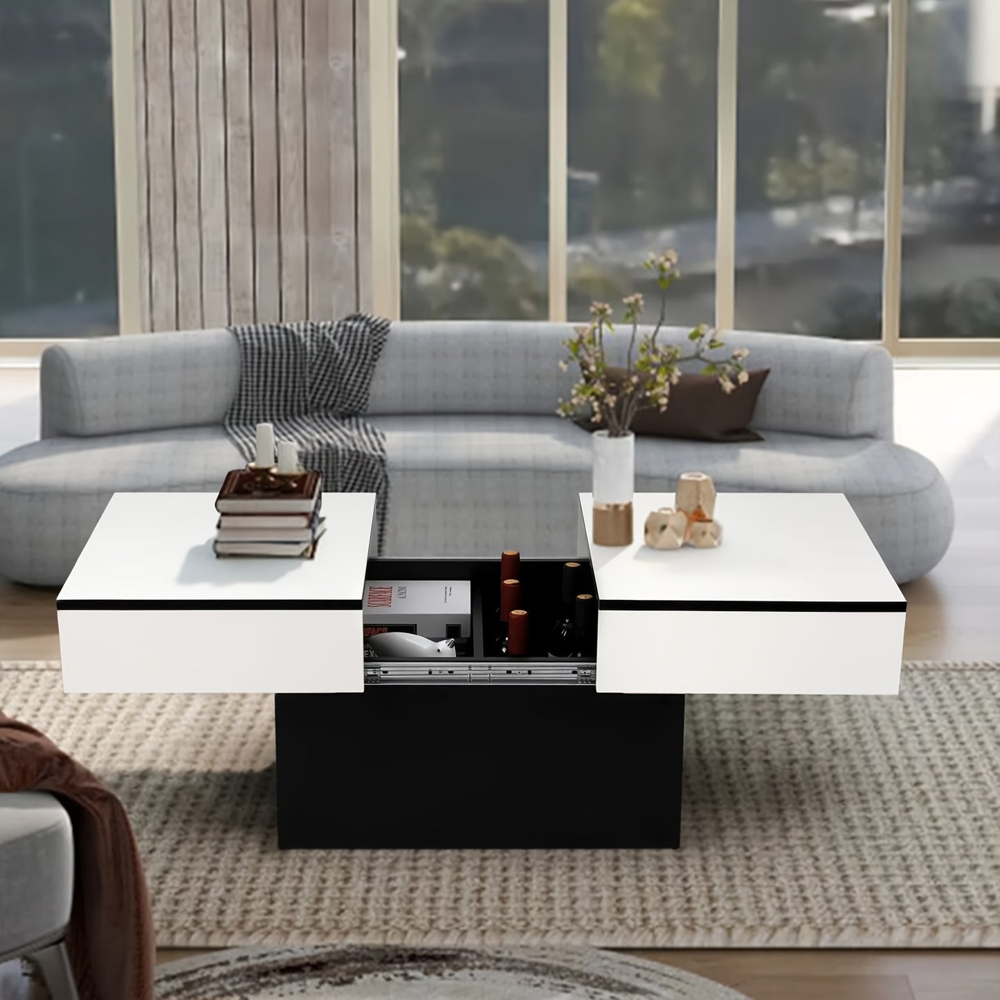 Extendable Coffee Table With 2 Storage Spaces, High Gloss Finish Table Top