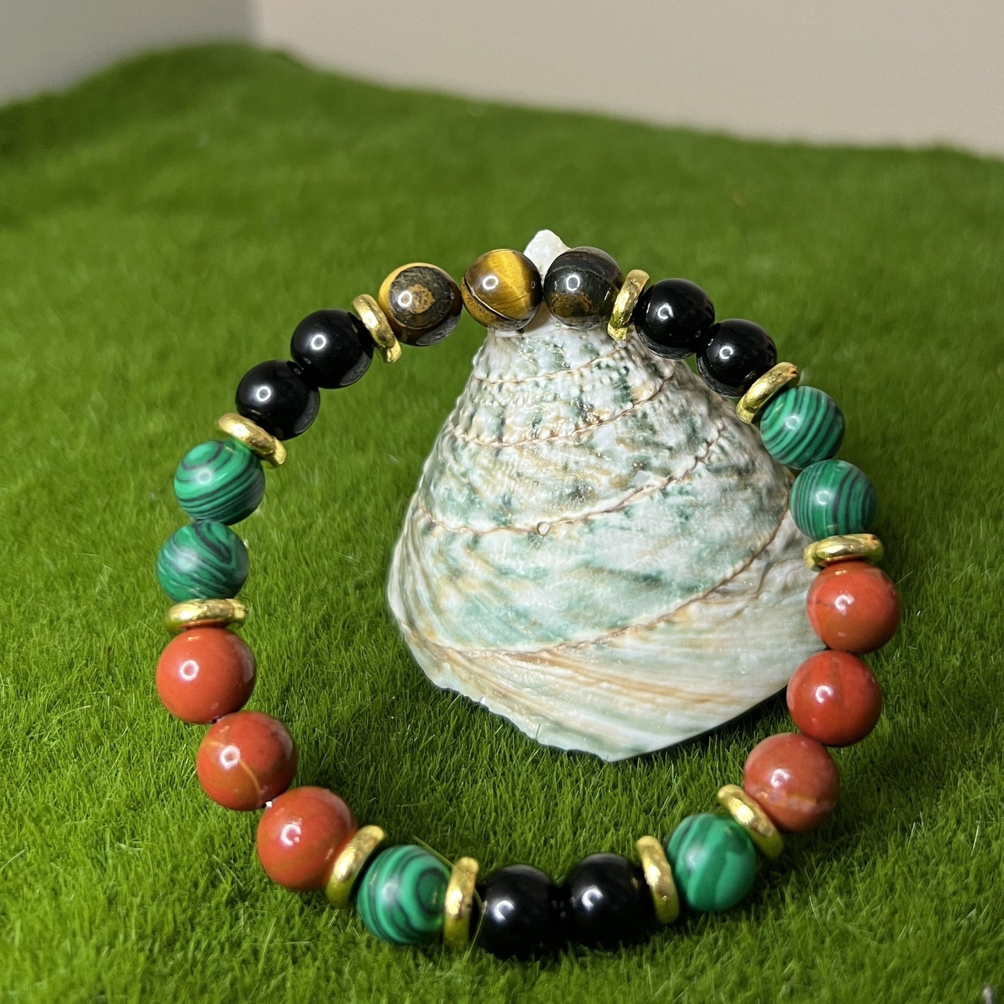 1pc Tiger Eye & Malachite Elastic Bracelet with Red Jasper Beads for Daily Wear, Holiday Gifts for Family and Friends