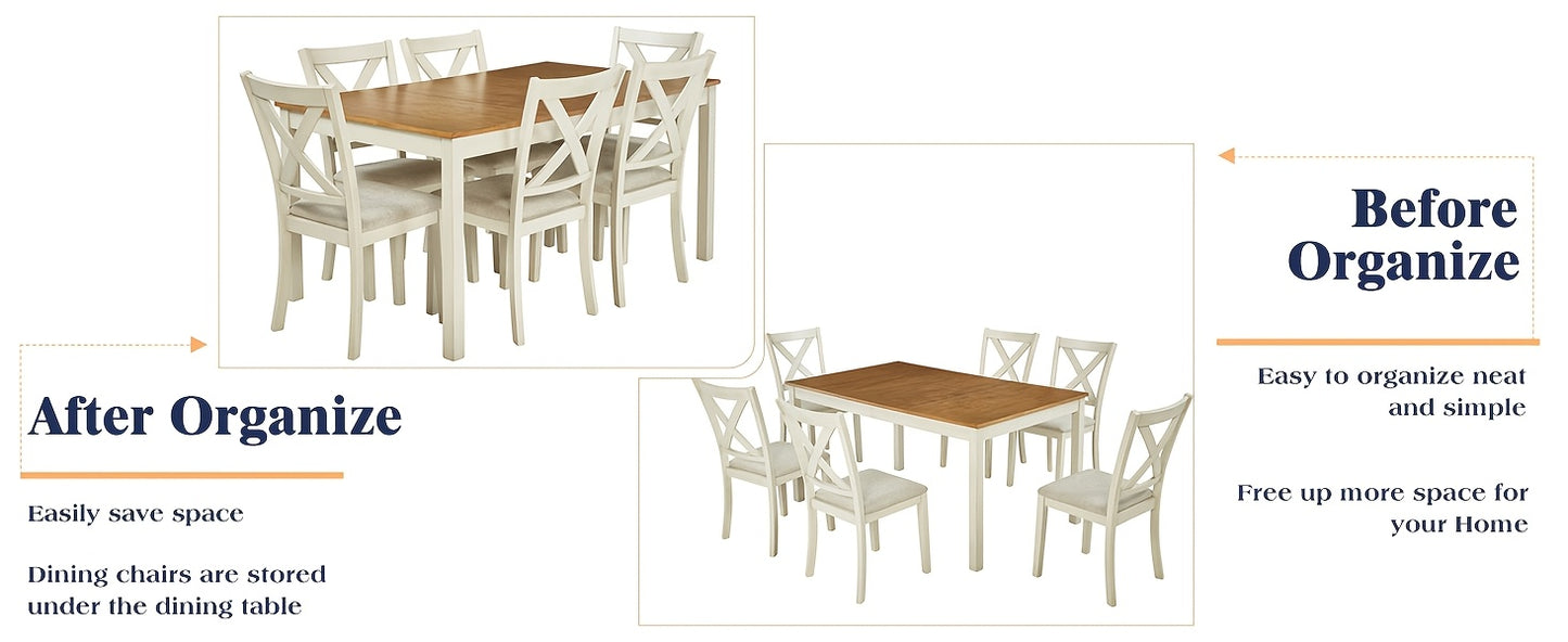 PAPAJET 7pcs Farmhouse Dining Set - 60" Solid Wood Table with 6 Upholstered Chairs, Hardwood Construction, MDF, White Finish, Ideal for Kitchen or Restaurant