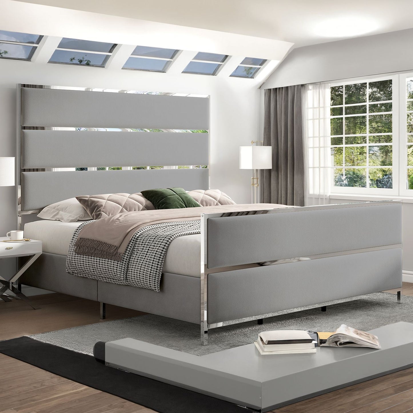 Light Grey The Velvet Upholstered Platform Bed Frame showcases a 59" Tall Headboard and Footboard, decorated with Silver Mirrored Plating - and a Box Spring is not needed