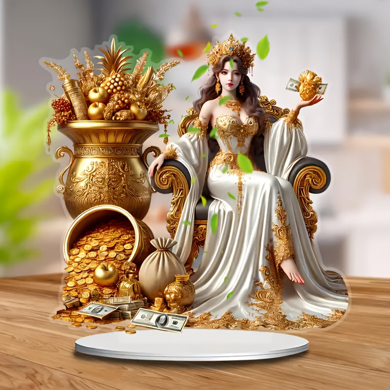 2D Flat, Elegant Wealth Goddess Acrylic Desktop Display - Regal Woman with Golden Crown and Treasures, Ideal for Home & Office Decor, Includes Stand