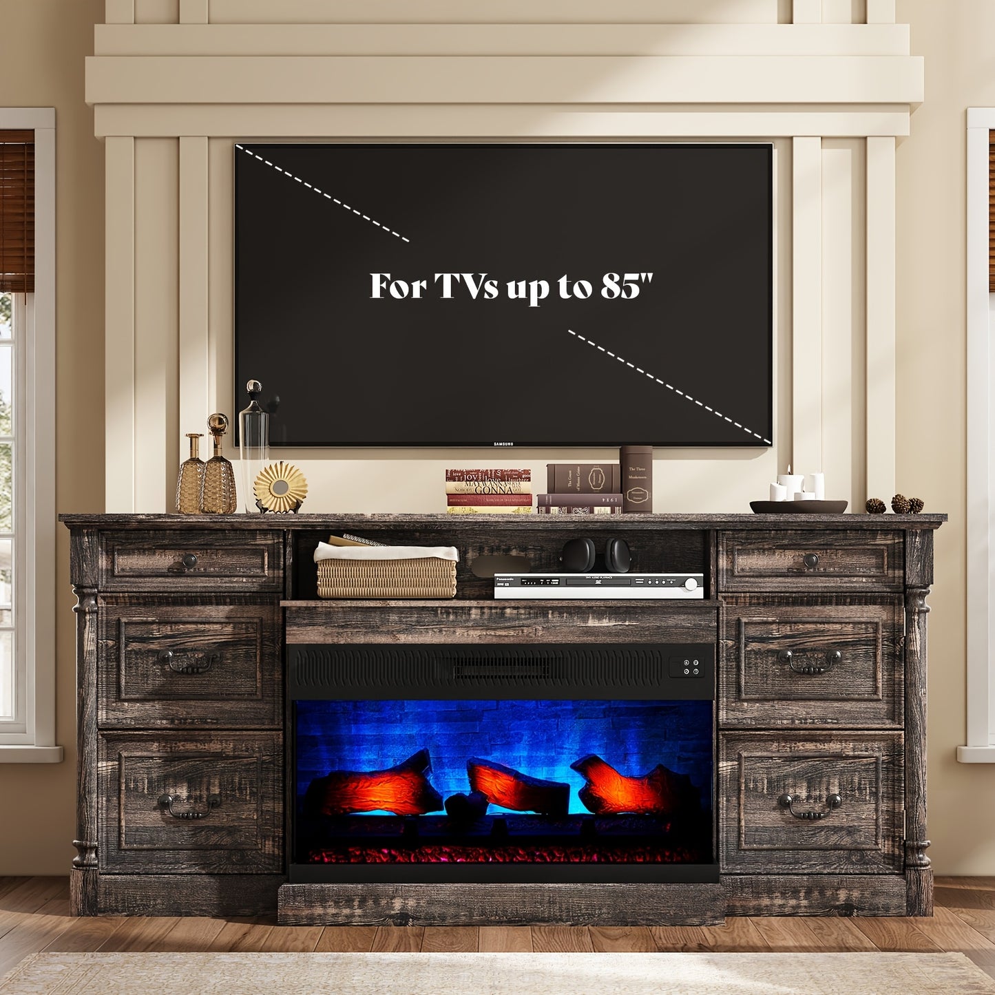 Charming 75" Farmhouse TV Stand with 36" Glass Fireplace - Spacious Entertainment Center with 2 Drawers & Closed Storage, Fits Up to 85" TVs