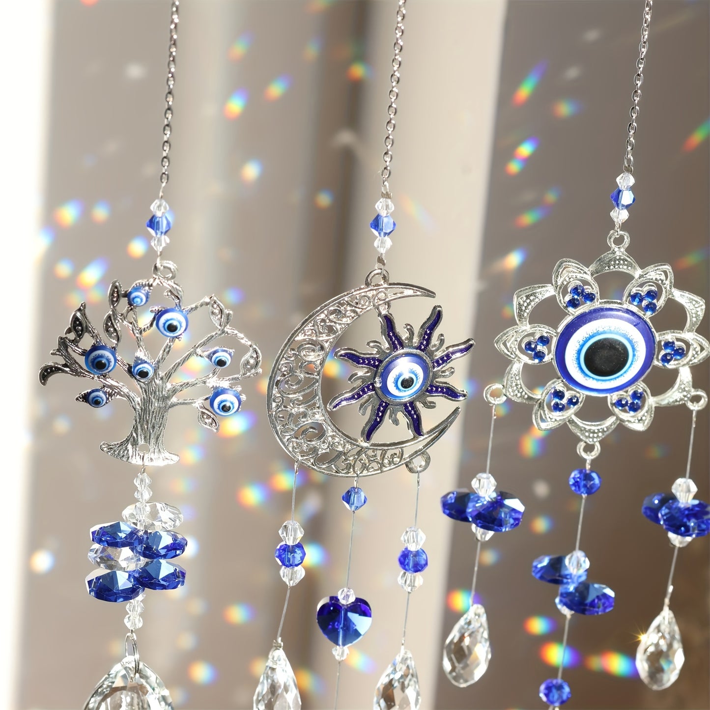 3 Handmade Evil Eye Crystal Sun Catchers, Suitable For Home And Garden Decoration - Resist Negative Energy And Bring Good Luck