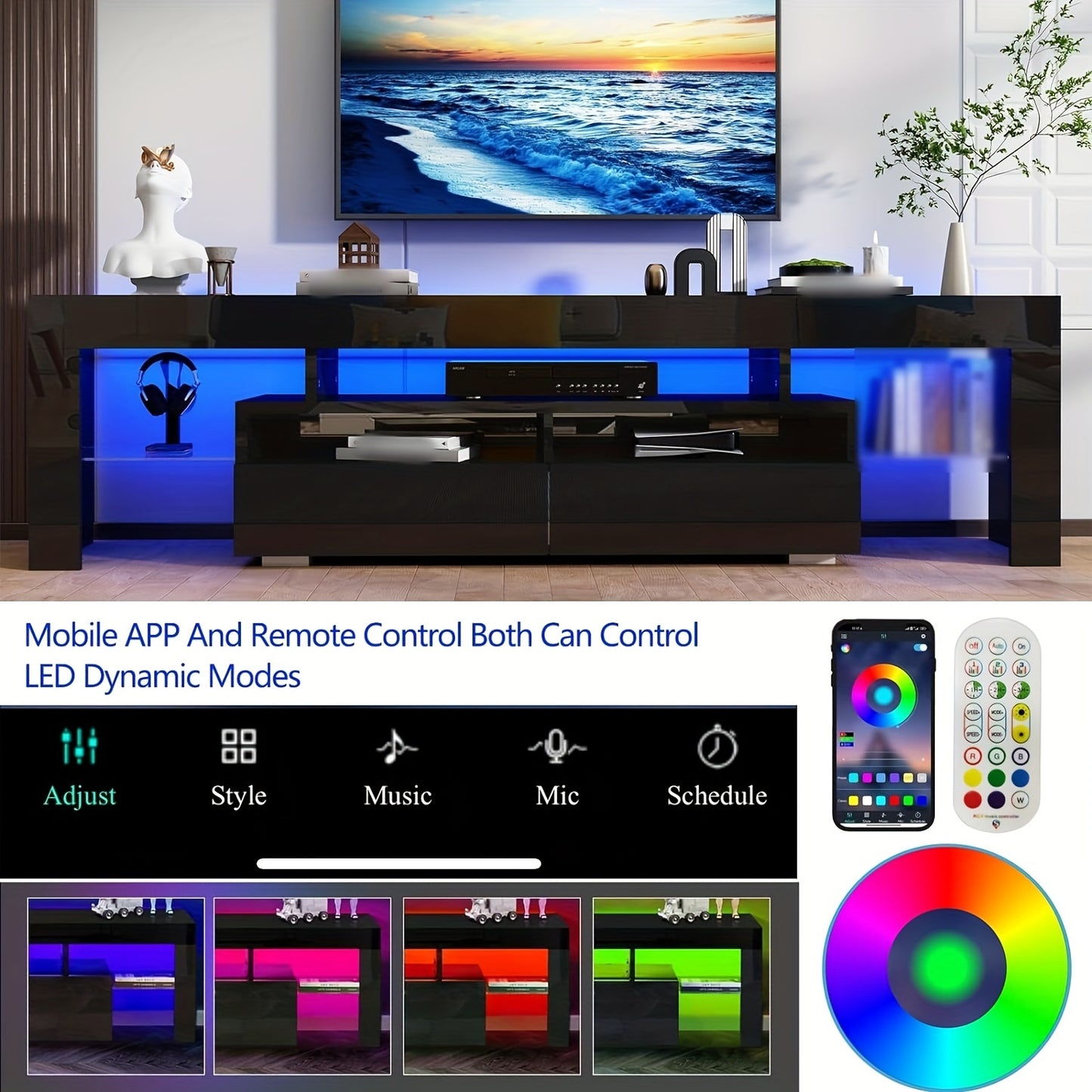 Modern LED TV Stand for Living Room, Black TV Stand, High Gloss TV Entertainment Center with Storage Drawer, APP RGB Light, TV Console