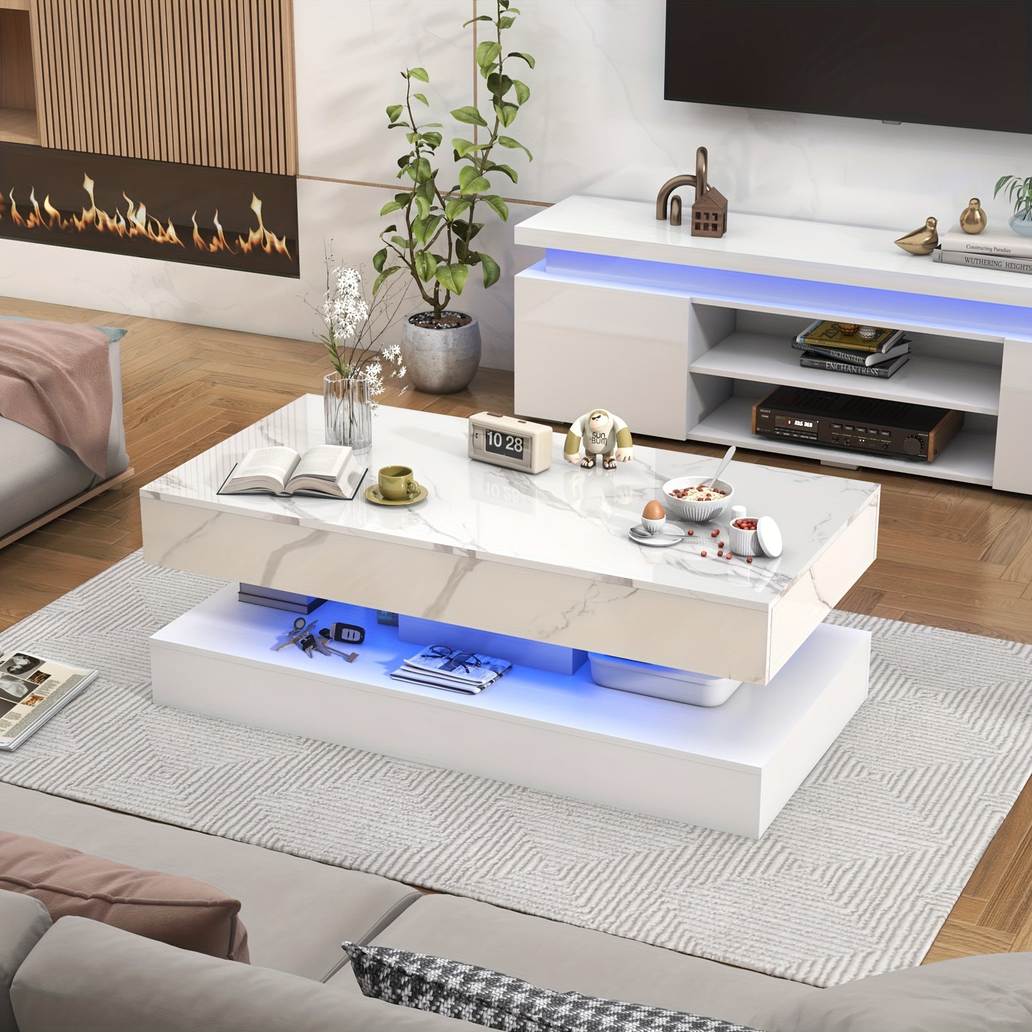 47 Inch Large High-Glossy LED Living Room Storage Tableswith 2 Sliding Drawers, Coffee Table, Living Room Storage Tables, Modern Stylish Double-Layer Center Tables