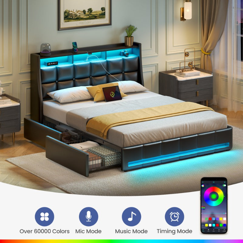 Bed Frame, Storage Headboard with Charging Station & LED Lights Bed Storage Headboard & Drawers, Heavy Duty Wood Slats, Easy Assembly