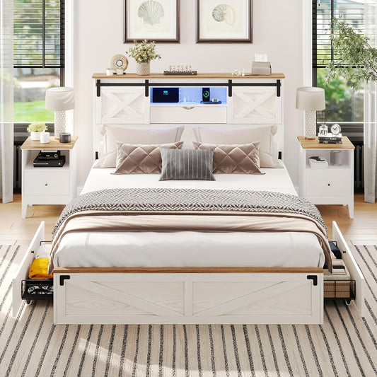 LED Farmhouse Platform Bed Frame With Charging Station 2 Drawers And Storage Headboard, Sliding Barn Door, White