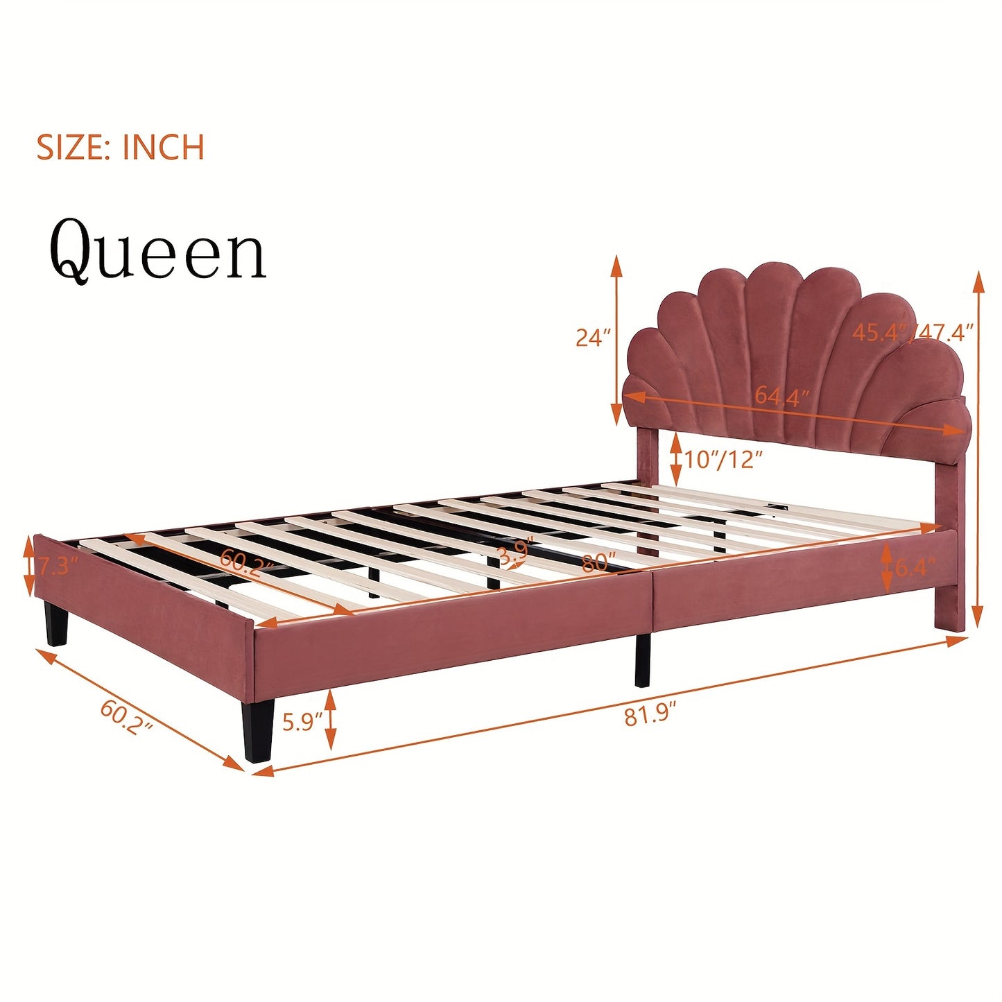 Queen Size Velvet Upholstered Platform Bed with Flower Pattern Headboard, Modern Platform Bed Frame with Wood Slats Support for Boys Girls Teens Adult, Under Bed Storage (Bean Paste Red, Queen)