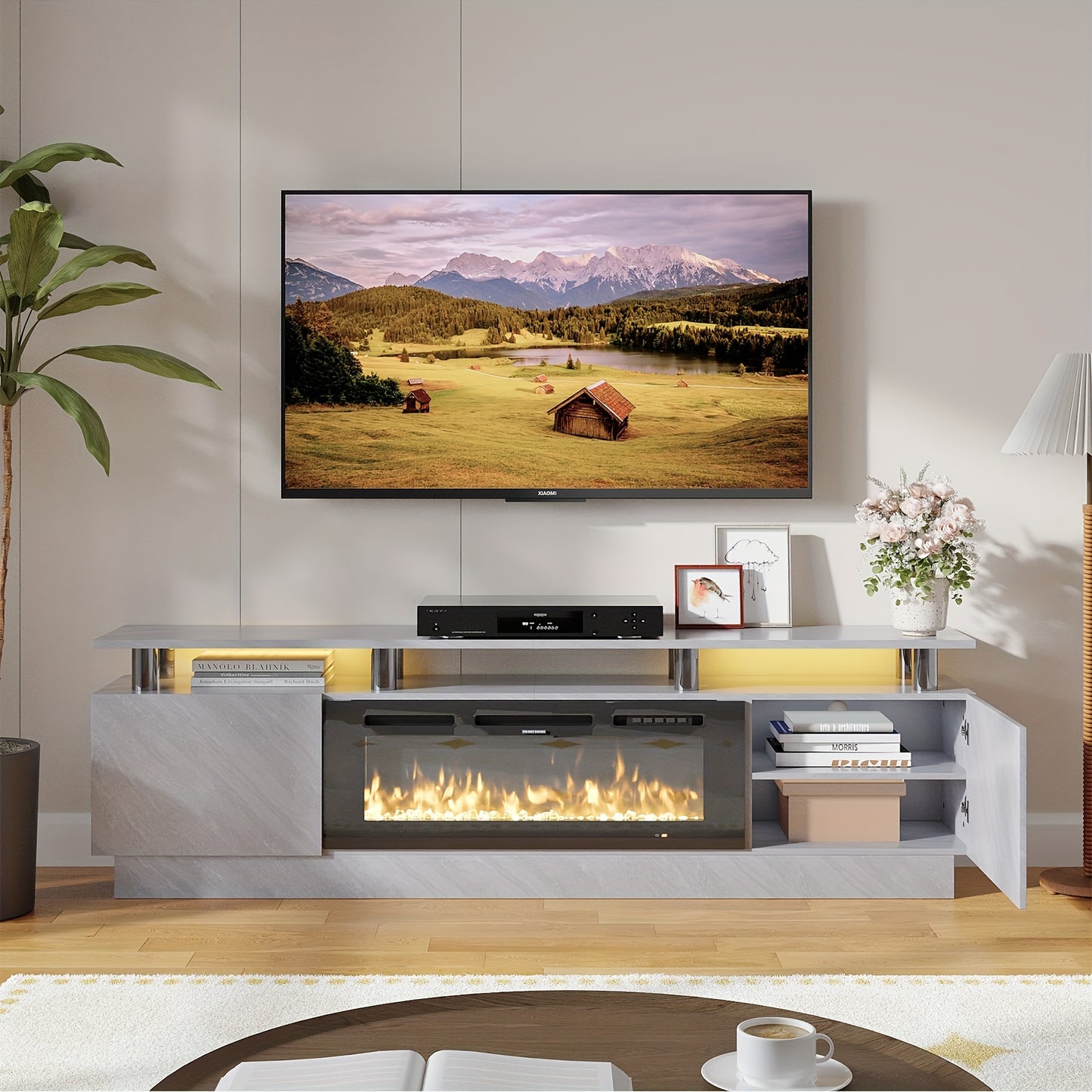 Fireplace TV Stand With 36" Fireplace, Modern High Gloss Fireplace Entertainment Center LED Lights, TV Console Cabinet For TVs Up To 80"