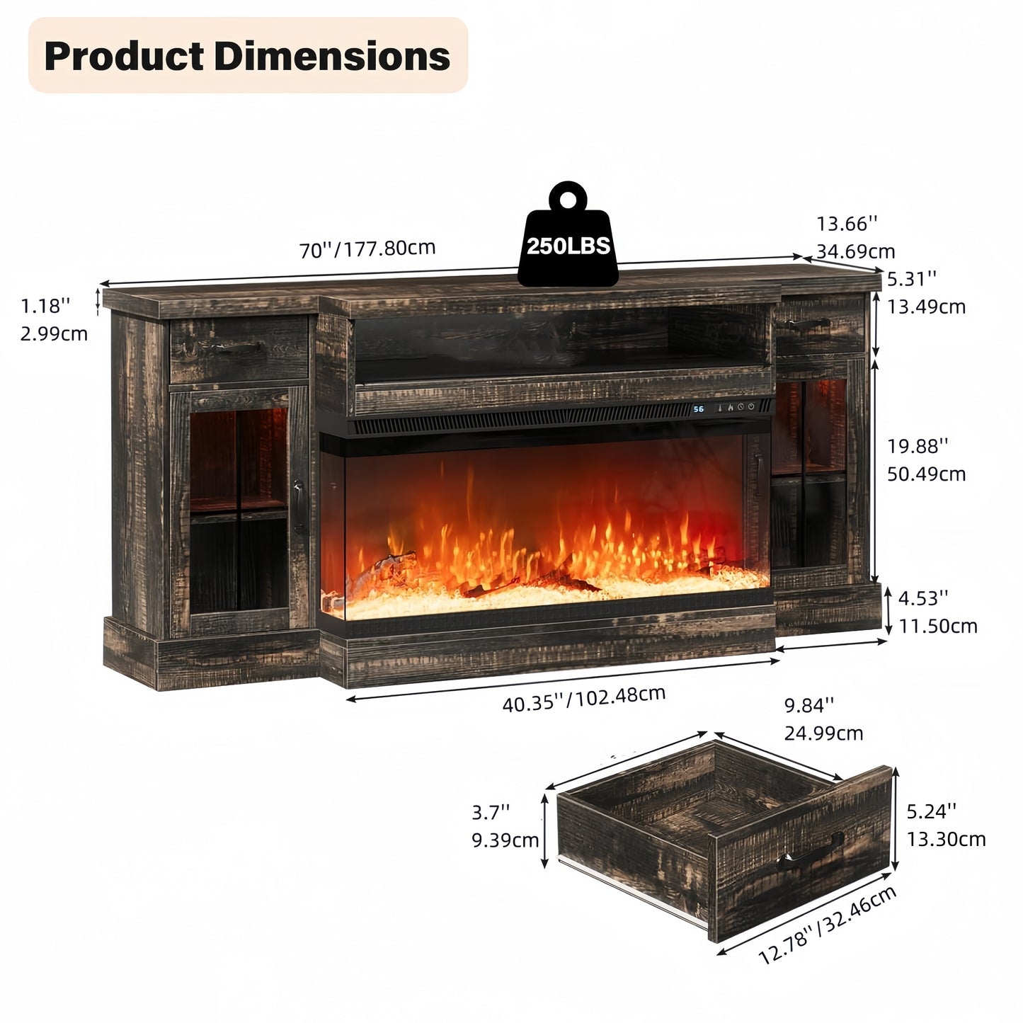 Fireplace TV Stand With 40" Electric Fireplace For 80" TV, 70" Fireplace Entertainment Center With Adjustable Storage Cabinets, 2 Drawers, LED Lights, TV Consoles For Living Room, White Brown Gray Rustic Oak