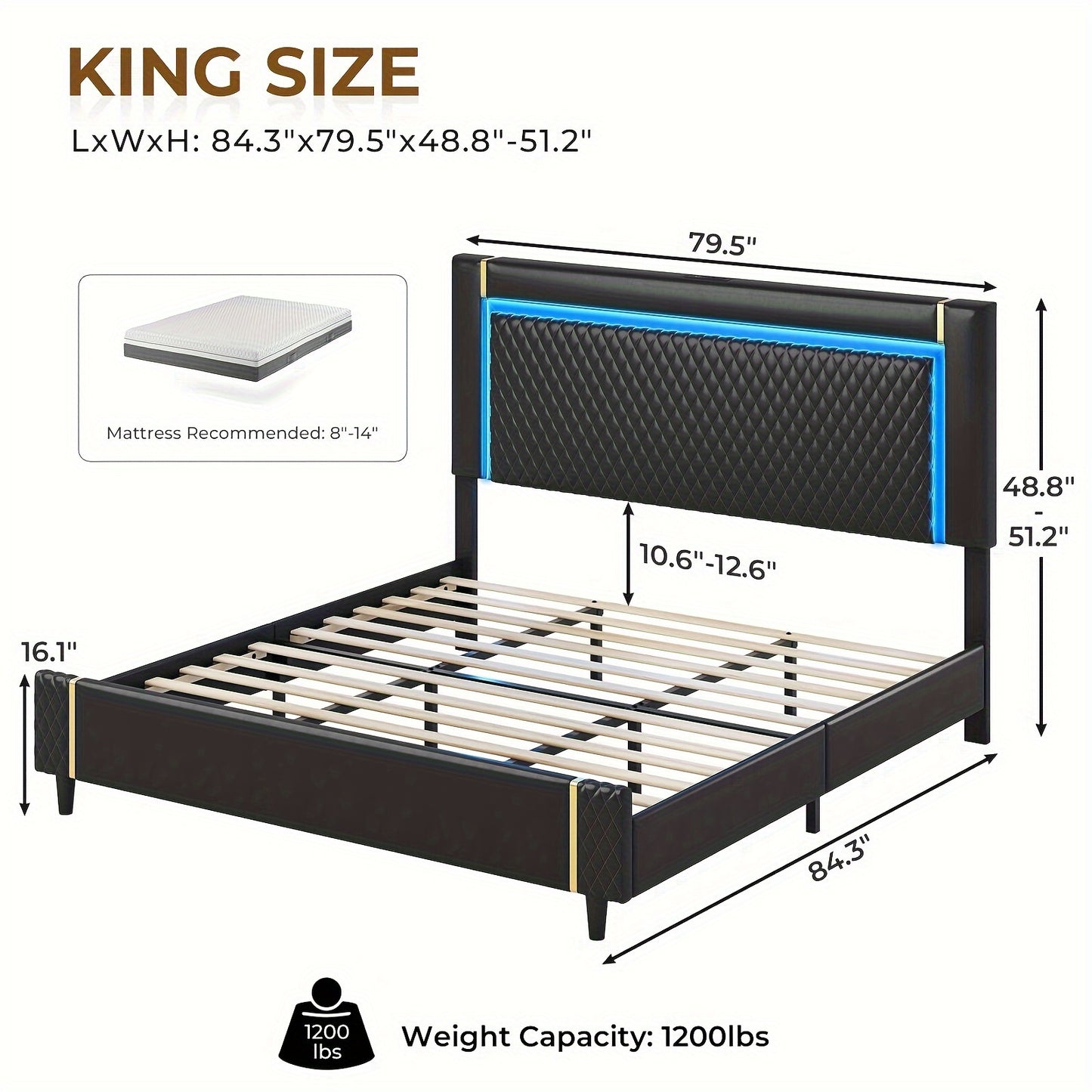 King Size Bed Frame With Tall Headboard PU Leather Platform Bed With LED Lights & Adjustable Headboard Black