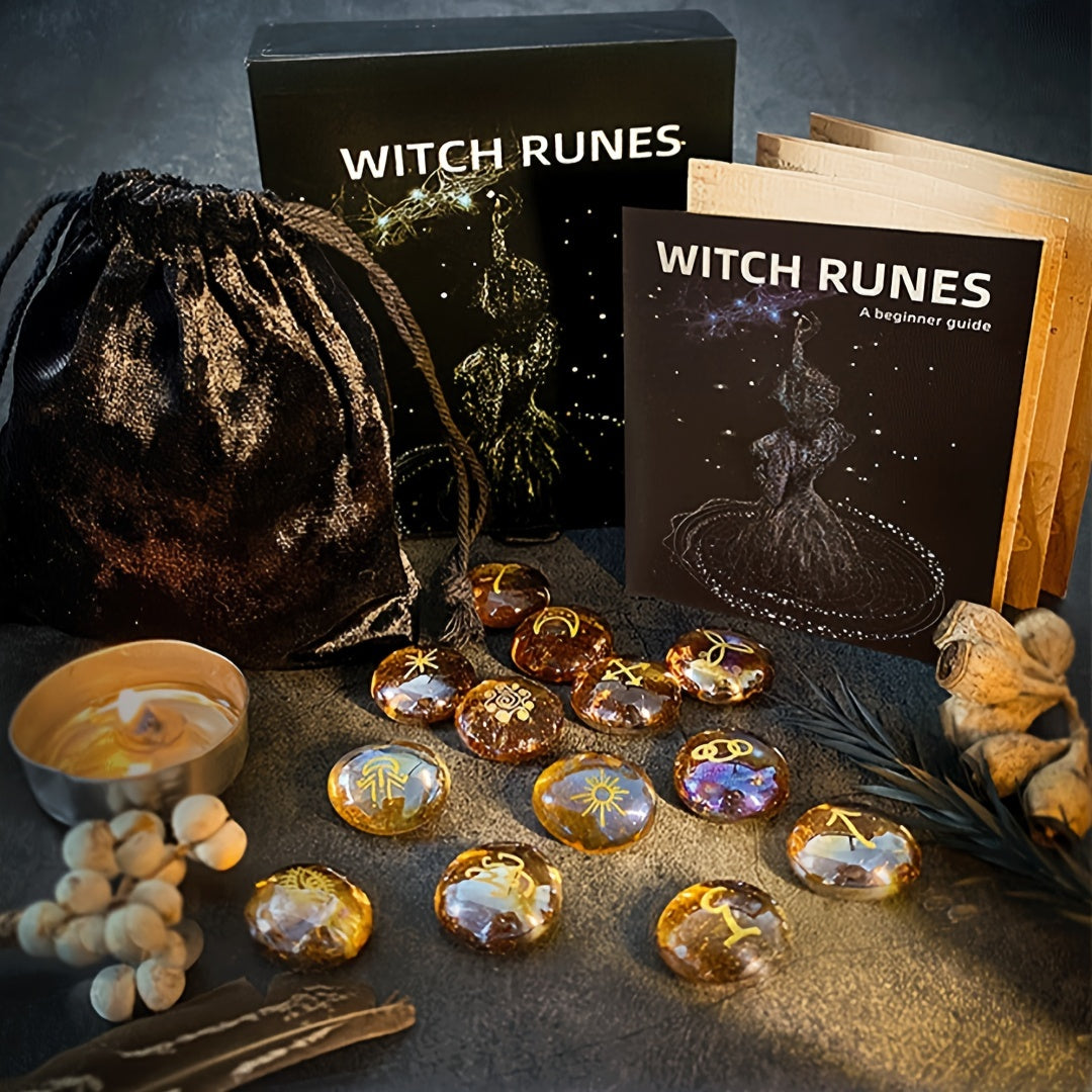 Witch Runes Set, Glass Divination Stones, 13-Piece Engraved Symbols with Guidebook and Storage Pouch, Party Supplies for Mystical Gatherings, Witchcraft Gift Kit for Adults Age 14+