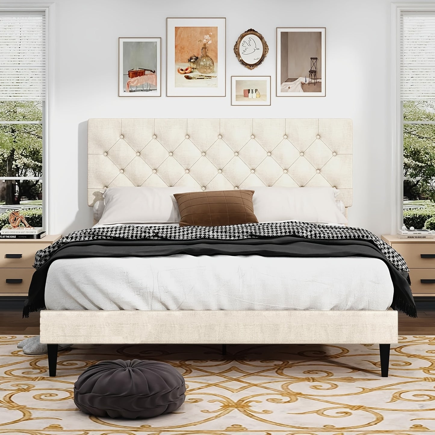 Elegant Grey Linen Upholstered Bed Frame with Tufted Headboard - Solid Wood Platform Bed with Sturdy Slats Support, Easy Assembly, No Box Spring Needed, Perfect for Modern Decor, Bed Accessories, HOMBCK