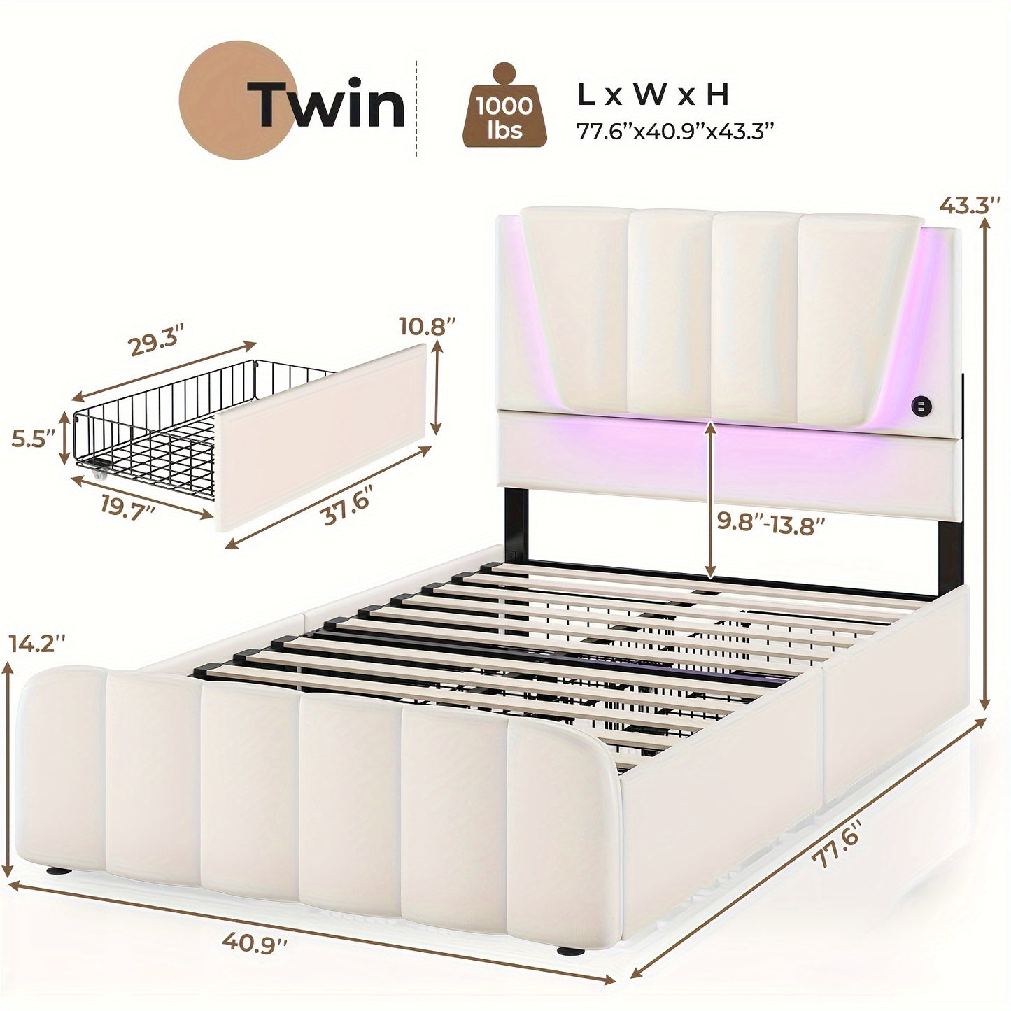 Twin Bed Frames With Storage Drawers And LED Lights, Bed Frame Twin Size With Height Adjustable Headboard, No Box Spring Needed, Cream White/Black