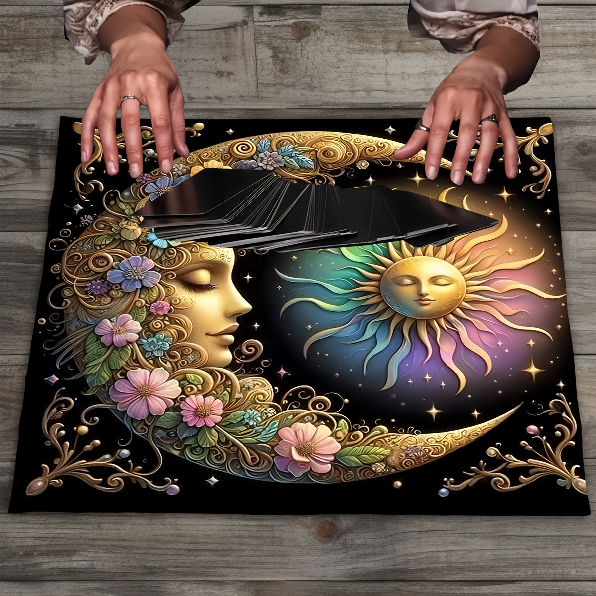 Elegant Sun & Moon Mandala Tarot Cloth - Vibrant Starry Sky Altar Decor, Polyester Fabric, Ideal for Divination, Pendulum Board Game, Witchy Rituals - Versatile Use for Halloween, Christmas, and More, Tablecloth, Ritual Cloth